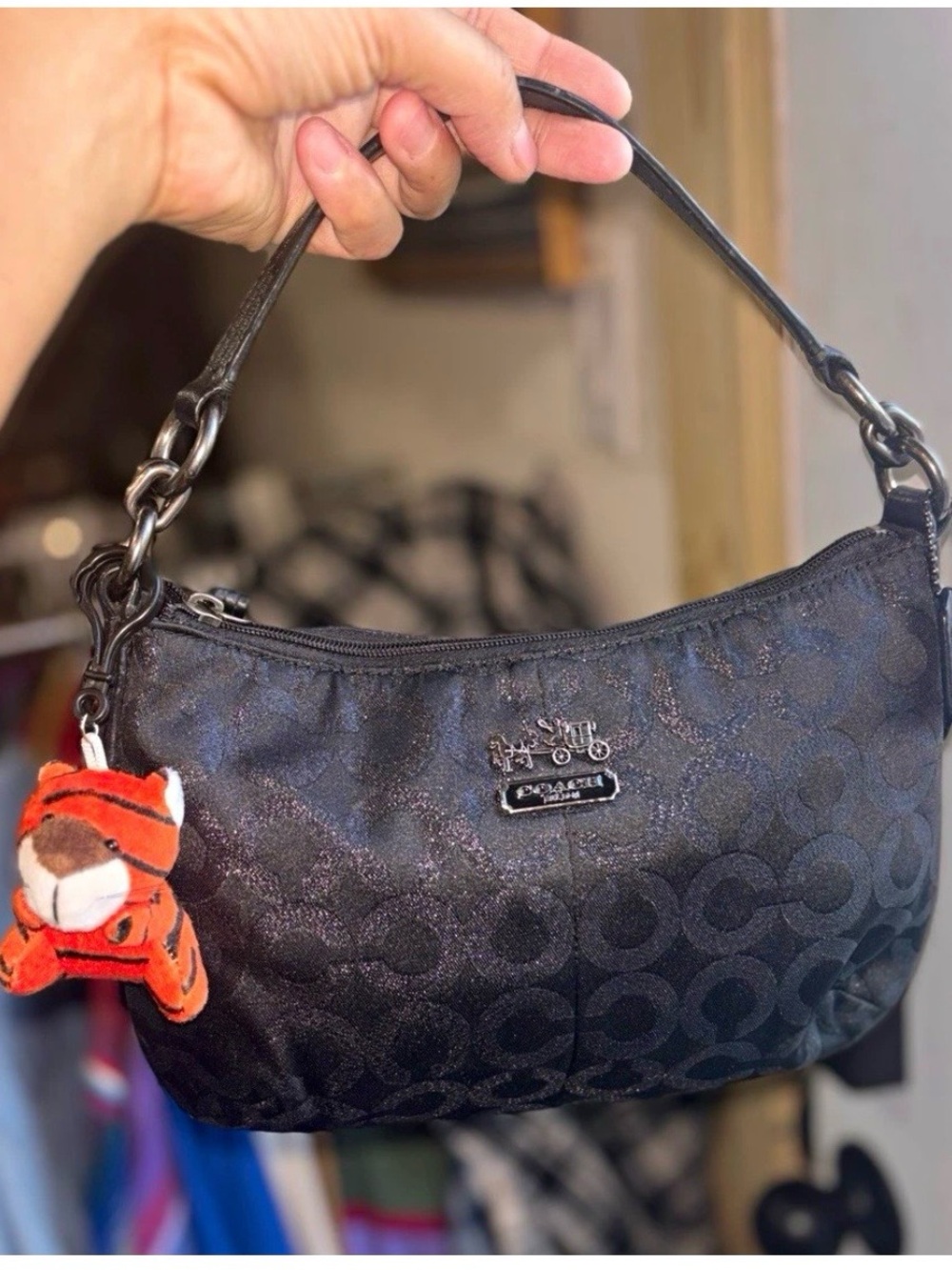 Coach Black Signature Mini Shoulder Bag with Orange Charm